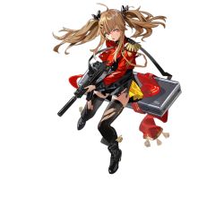 Rule 34 | 1girl, black bow, black dress, black footwear, black thighhighs, boots, bow, breasts, brown hair, dress, english text, girls&#039; frontline, gun, h&amp;k ump, h&amp;k ump, hair bow, holding, holding weapon, jacket, long hair, looking at viewer, marching band, official alternate costume, official art, open mouth, red eyes, red jacket, scar, scar across eye, scar on face, solo, standing, starshadowmagician, submachine gun, suppressor, tape, thighhighs, torn clothes, torn dress, torn jacket, torn thighhighs, transparent background, twintails, ump9 (bolero dance bird) (girls&#039; frontline), ump9 (girls&#039; frontline), uniform, weapon, weapon case