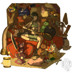 Rule 34 | 1girl, animal, aramakijyake, barefoot, bob cut, butterfly net, capcom, cat, cropped jacket, felyne, gem, hand net, indoors, instrument, lantern, messy room, monster hunter, monster hunter (series), monster hunter portable 3rd, pickaxe, pillow, short hair, shorts, simple background, sitting, spread legs, sword, toeless legwear, too many, too many cats, weapon, white background