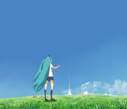 Rule 34 | 1girl, alternate costume, aqua hair, back, blue sky, cloud, day, from behind, grass, hatsune miku, keisan, long hair, outdoors, scenery, sky, solo, twintails, vocaloid
