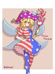 Rule 34 | 1girl, american flag, american flag dress, american flag legwear, american flag shirt, clownpiece, dress, fairy wings, hat, highres, holding, holding torch, jester cap, neck ruff, pantyhose, polka dot, polka dot headwear, puffy sleeves, purple hat, shitacemayo, solo, star (symbol), star print, striped clothes, striped dress, striped pantyhose, torch, touhou, transparent wings, wings