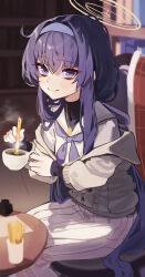 Rule 34 | 1girl, absurdres, black hair, blue archive, blush, cardigan, closed mouth, coffee cup, cup, disposable cup, grey cardigan, gubbi on, hair between eyes, hairband, halo, highres, holding, holding cup, long hair, long sleeves, looking at viewer, neckerchief, open cardigan, open clothes, pleated skirt, purple eyes, purple hairband, purple neckerchief, sailor collar, skirt, smile, solo, ui (blue archive), white sailor collar, white skirt, yellow halo