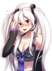Rule 34 | 1girl, ahoge, blush, breasts, caffein, cleavage, detached sleeves, fingernails, headset, highres, large breasts, long fingernails, long hair, looking at viewer, midriff, navel, open mouth, red eyes, silver hair, solo, surprised, sweatdrop, twintails, upper body, very long hair, vocaloid, yowane haku