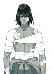 Rule 34 | 1boy, bandaged arm, bandages, closed mouth, collarbone, gauze on arm, gauze on chest, hakama, halorane, highres, injury, ishikawa goemon xiii, japanese clothes, looking at viewer, lupin iii, male focus, monochrome, pectorals, scar, scar on arm, short hair, simple background, solo, straight-on, toned, toned male, topless