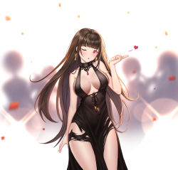 Rule 34 | 1girl, :o, arm ribbon, armlet, bare shoulders, black dress, blunt bangs, blurry, blurry background, blush, breasts, brown hair, cleavage, closed mouth, confetti, cowboy shot, cup, dress, dsr-50 (girls&#039; frontline), dsr-50 (highest bid) (girls&#039; frontline), earrings, floating hair, girls&#039; frontline, gold, hand up, head tilt, highres, holding, jewelry, large breasts, light particles, long hair, looking at viewer, no bra, official alternate costume, one eye closed, red eyes, ribbon, ring, sidelocks, sitting, siun, skindentation, smile, solo, thighs