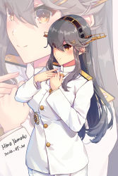 Rule 34 | 1girl, adjusting clothes, artist name, brown eyes, dated, female focus, grey hair, hair ornament, haruna (kancolle), headgear, highres, himeyamato, kantai collection, long hair, long sleeves, military, military uniform, solo, uniform, white uniform, zoom layer
