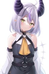 Rule 34 | 1girl, black dress, detached sleeves, dress, foulo paints, grey hair, highres, hololive, horns, la+ darknesss, looking at viewer, multicolored hair, purple hair, sleeveless, sleeveless dress, solo, two-tone hair, virtual youtuber, yellow eyes