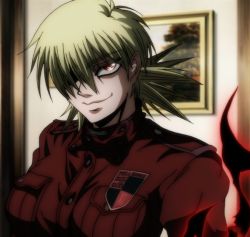Rule 34 | 1girl, aura, blonde hair, breasts, female focus, hair over one eye, hellsing, indoors, large breasts, military, military uniform, red eyes, screencap, seras victoria, short hair, smile, solo, stitched, third-party edit, uniform, vampire