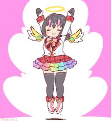 Rule 34 | 1girl, angel, angel wings, arms up, black hair, boots, bow, bowtie, closed eyes, coroha, full body, gloves, humboldt penguin (kemono friends), jacket, jumping, kemono friends, kemono friends v project, lifelikealive, microphone, purple background, purple hair, shirt, short hair, simple background, skirt, solo, thighhighs, virtual youtuber, wings