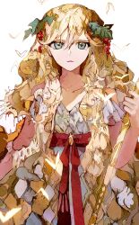 Rule 34 | 1girl, absurdres, blonde hair, dress, food, fruit, grapes, green eyes, hair ornament, highres, holding, holding wand, long hair, looking at viewer, magi the labyrinth of magic, mole, mole under eye, patterned clothing, patterned hair, red ribbon, ribbon, scheherazade (magi), solo, very long hair, wand, white background, white dress, yadu nadu