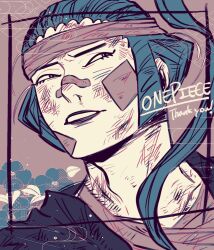 Rule 34 | !, 1boy, bandaid, bandaid on face, blue hair, commentary request, denjirou (one piece), english text, headband, high ponytail, highres, injury, larugo0513, long hair, long sideburns, male focus, one piece, ponytail, sideburns, solo, teeth