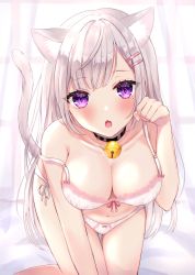 Rule 34 | 1girl, :o, all fours, animal ears, bad id, bad twitter id, bare shoulders, bell, bra, breasts, cat ears, cat girl, cat tail, choker, cleavage, collarbone, fang, hair ornament, hairclip, highres, jingle bell, large breasts, long hair, looking at viewer, mole, mole under eye, navel, open mouth, original, panties, parum39, paw pose, purple eyes, side-tie panties, silver hair, solo, strap slip, tail, tail raised, thighs, underwear, underwear only, very long hair, white bra, white panties