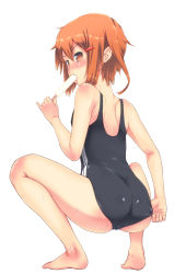 Rule 34 | 10s, 1girl, adjusting clothes, adjusting swimsuit, ass, bad id, bad pixiv id, bare legs, bare shoulders, barefoot, blush, body blush, brown eyes, brown hair, food, from behind, full body, hair ornament, hairclip, ikazuchi (kancolle), inuga anahoru, kantai collection, looking at viewer, looking back, one-piece swimsuit, popsicle, short hair, simple background, skin tight, solo, squatting, swimsuit, swimsuit tug, white background
