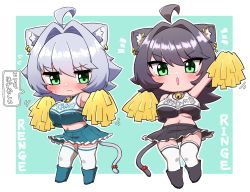 Rule 34 | 2girls, ahoge, animal ear fluff, animal ears, aqua background, arm up, bell, black hair, black panties, blush, breasts, cat ears, cat girl, cat tail, character name, cheerleader, chibi, clothes writing, commentary request, ear piercing, embarrassed, frilled skirt, frills, green eyes, grey hair, hair between eyes, highres, jingle bell, large breasts, long hair, looking at viewer, midriff, mole, mole under eye, mole under mouth, multiple girls, navel, neck bell, ngetyan, no bra, open mouth, original, outline, panties, pantyshot, piercing, pom pom (cheerleading), red ribbon, renge (ngetyan), ribbon, ringe (ngetyan), short hair, siblings, simple background, sisters, skirt, sweatdrop, tail, tail ornament, tail ribbon, tank top, thighhighs, translated, underwear, wavy mouth, white legwear, white outline