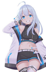 Rule 34 | 1girl, ahoge, armpits, asymmetrical hair, asymmetrical legwear, bare shoulders, belt, black shorts, black thighhighs, black vest, blue eyes, blunt bangs, blush, breasts, commentary request, cowboy shot, cropped vest, grin, groin, hair between eyes, hand up, head tilt, headphones, headphones around neck, highres, holding, holding headphones, jacket, long hair, long sleeves, looking at viewer, medium breasts, midriff, mismatched legwear, navel, off-shoulder jacket, off shoulder, open clothes, open jacket, original, power symbol, short shorts, shorts, sidelocks, silver hair, simple background, sirokuro toho, skindentation, smile, solo, standing, stomach, taut clothes, thigh gap, thighhighs, underbust, vest, white background, white belt, white jacket, white thighhighs