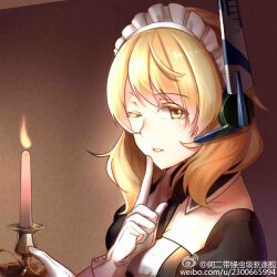 1girl aer_(tengqiu) blonde_hair candle colored_eyelashes finger_to_mouth gloves highres looking_at_viewer maid maid_headdress necktie one_eye_closed puffy_sleeves renown_(warship_girls_r) short_sleeves shushing solo upper_body warship_girls_r watermark weibo_logo weibo_watermark white_gloves yellow_eyes