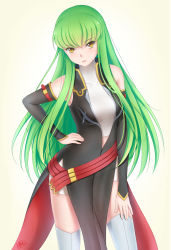 Rule 34 | 1girl, absurdres, bare shoulders, breasts, c.c., code geass, detached sleeves, green hair, hand on own hip, hand on own thigh, highres, long hair, looking at viewer, medium breasts, pelvic curtain, qianmeng lixue (artist), solo, tan background, thighhighs, thighs, white thighhighs, yellow eyes