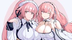 Rule 34 | 2girls, absurdres, alternate costume, azur lane, breasts, cleavage, collar, commentary, dress, english commentary, enmaided, frilled hairband, frills, girls&#039; frontline, hairband, highres, huge breasts, juliet sleeves, large breasts, long hair, long sleeves, look-alike, looking at viewer, maid, maid headdress, multiple girls, ntw-20 (girls&#039; frontline), ntw-20 (the aristocrat experience) (girls&#039; frontline), official alternate costume, one eye closed, perseus (azur lane), pink eyes, pink hair, puffy sleeves, saiskh, upper body, white dress