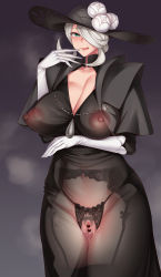 Rule 34 | 1girl, black dress, breasts, censored, clothes, cogita (pokemon), creatures (company), dress, female focus, female pubic hair, game freak, gradient background, green eyes, grey hair, hair over one eye, hat, heart, heart censor, highres, huge breasts, looking at viewer, nintendo, pokemon, pokemon legends: arceus, pubic hair, pussy, pussy juice, solo, sun hat, thighhighs, yasuaki023