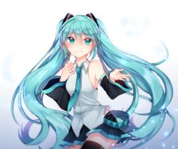 Rule 34 | 1girl, bad id, bad pixiv id, bare shoulders, black skirt, black thighhighs, blue background, blush, breasts, closed mouth, collared shirt, detached sleeves, gradient background, green eyes, green hair, green necktie, grey shirt, hair between eyes, hair ornament, hands up, hatsune miku, highres, long hair, long sleeves, medium breasts, necktie, pleated skirt, rijjin, shirt, sidelocks, skirt, sleeveless, sleeveless shirt, smile, solo, sparkle, thighhighs, twintails, very long hair, vocaloid, white background, wide sleeves