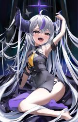 Rule 34 | 1girl, absurdly long hair, absurdres, ahoge, arm support, arm up, armpits, ascot, bare shoulders, barefoot, black dress, blush, breasts, covered navel, demon girl, demon horns, dress, feet, full body, grey hair, highres, hololive, horns, la+ darknesss, legs, long hair, looking at viewer, multicolored hair, nishiro hato, open mouth, pantyhose, pointy ears, purple hair, purple pantyhose, side slit, sidelocks, single leg pantyhose, sitting, sleeveless, sleeveless dress, small breasts, solo, star (symbol), streaked hair, striped horns, teeth, thighs, tongue, tongue out, two-tone hair, very long hair, virtual youtuber, yellow ascot, yellow eyes, yokozuwari