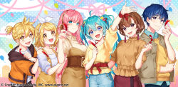 Rule 34 | 3boys, 3girls, :d, ahoge, alternate costume, antenna hair, aqua eyes, aqua hair, arm up, balloon, belt, blonde hair, blue eyes, blue hair, blue legwear, blue shirt, bow, braid, breasts, brother and sister, brown eyes, brown hair, brown sweater, collarbone, collared shirt, copyright name, cowboy shot, crypton future media, denim, earrings, eyes visible through hair, feathers, flower, gari (apollonica), hair flower, hair ornament, hair ribbon, hatsune miku, highres, holding, hood, hoodie, jeans, jewelry, kagamine len, kagamine rin, kaito (vocaloid), large breasts, layered clothes, long hair, looking at viewer, medium breasts, megurine luka, meiko (vocaloid), multiple boys, multiple girls, nail polish, off shoulder, official art, one side up, open clothes, open hoodie, open mouth, outstretched arm, overalls, pants, piapro, pink hair, pink nails, polka dot, polka dot background, purple eyes, red feathers, red skirt, ribbon, shirt, short hair, short sleeves, siblings, sidelocks, skirt, small breasts, smile, sweater, teeth, twins, twintails, upper teeth only, very long hair, vocaloid, white shirt, wrist wrap, yellow eyes, yellow shirt, yellow sweater