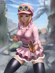 Rule 34 | 1girl, bad id, bad pixiv id, blonde hair, blue eyes, castle, fighting stance, frilled skirt, frills, gloves, goggles, gohpot, hat, highres, koala (one piece), looking at viewer, miniskirt, one piece, pica, realistic, ruins, short hair, skindentation, skirt, smile, taut clothes, thighhighs, zettai ryouiki