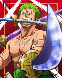 Rule 34 | 1boy, abs, bad source, commentary, earrings, eastblue 95, english commentary, green hair, haramaki, highres, holding, holding sword, holding weapon, jewelry, looking at viewer, male focus, one piece, over shoulder, pointing sword, red background, roronoa zoro, scar, scar across eye, scar on chest, short hair, sideburns, signature, solo, sword, sword over shoulder, topless male, twitter username, v-shaped eyebrows, weapon, weapon over shoulder