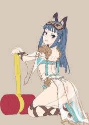 Rule 34 | 1girl, animal ears, ankle lace-up, anus, arm strap, armor, ass, belly chain, blue eyes, blue hair, bra, branch (blackrabbits), breasts, cross-laced footwear, fang, from behind, goggles, goggles on head, hammer, jewelry, kneeling, long hair, looking at viewer, looking back, matching hair/eyes, medium breasts, oracle (tree of savior), panties, pauldrons, sandals, see-through, shoulder armor, smile, solo, tassel, thong, tree of savior, underwear, white panties