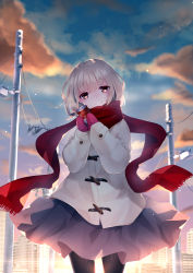 Rule 34 | 1girl, absurdres, black pantyhose, black skirt, blue sky, brown eyes, can, cloud, coat, cola, drink can, highres, holding, holding can, looking at viewer, mittens, original, outdoors, pantyhose, pink mittens, power lines, red scarf, scarf, shinketsu kanyu, skirt, sky, smile, soda can, solo, standing, sunset, white hair