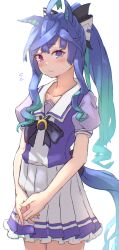 Rule 34 | 1girl, ahoge, alternate hairstyle, animal ears, black ribbon, blue bow, blue bowtie, blue eyes, blush, bow, bowtie, closed mouth, commentary, cowboy shot, flying sweatdrops, frilled skirt, frills, hair ribbon, heterochromia, highres, horse ears, horse girl, horse tail, interlocked fingers, light smile, long hair, looking at viewer, miniskirt, mumyuu, own hands together, pleated skirt, ponytail, puffy short sleeves, puffy sleeves, purple eyes, purple shirt, ribbon, sailor collar, school uniform, shirt, short sleeves, simple background, skirt, solo, standing, sweatdrop, tail, tracen school uniform, twin turbo (umamusume), umamusume, white background, white sailor collar, white skirt