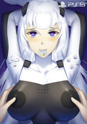 Rule 34 | 1girl, absurdres, arms behind head, arms up, blue eyes, blush, bodysuit, breasts, breasts apart, cd, closed mouth, controller, copyright name, covered erect nipples, dualshock, game console, game controller, gamepad, gloves, headgear, heart, heart-shaped pupils, highres, large breasts, long hair, looking at viewer, mato kuroi, mouth hold, personification, playstation 5, playstation controller, pov, product girl, purple background, silver hair, simple background, skin tight, smile, solo focus, sony, symbol-shaped pupils, white gloves