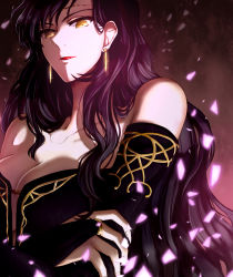 Rule 34 | 1girl, bare shoulders, black hair, breasts, circlet, cleavage, crossed arms, delsaber, dress, earrings, fingerless gloves, fire emblem, fire emblem: the blazing blade, from below, gloves, jewelry, large breasts, lipstick, long hair, looking at viewer, looking down, makeup, nintendo, solo, sonia (fire emblem: the blazing blade), upper body, yellow eyes