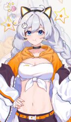 Rule 34 | 1girl, :t, absurdres, animal ear hairband, animal ears, bandeau, belt, black choker, blue eyes, braid, breasts, cat ear hairband, cat ears, choker, cleavage, commentary request, fake animal ears, hairband, hand on own hip, highres, honkai (series), honkai impact 3rd, jacket, kiana kaslana, long hair, looking at viewer, medium breasts, midriff, navel, off shoulder, open clothes, open jacket, orange belt, qiuqiuku, shrug (clothing), smile, stomach, strapless, tube top, twin braids, twintails, upper body, very long hair, white hair, white jacket, zoom layer
