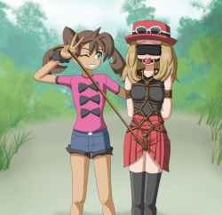 Rule 34 | 2girls, arms behind back, arms up, ball gag, bdsm, black shirt, blindfold, blonde hair, blue shorts, blush, bondage, bound, bow, breasts, brown hair, bush, collarbone, creatures (company), dark-skinned female, dark skin, eyewear on head, gag, gagged, game freak, grass, green eyes, griever3610, hat, lips, long hair, multiple girls, nintendo, one eye closed, outdoors, pink shirt, pokemon, pokemon xy, red headwear, red skirt, rope, serena (pokemon), shauna (pokemon), shiny clothes, shirt, shorts, skirt, small breasts, smile, sunglasses, sunglasses on head, teeth, thighhighs, thighs, tree, twintails, wink