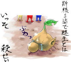 Rule 34 | alien, bad end, blue pikmin, buried, japanese text, nintendo, no humans, olimar, pikmin (creature), pikmin (series), plant on head, pointy ears, red pikmin, tears, text focus, translation request, yellow pikmin