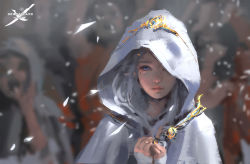 Rule 34 | 1girl, blue eyes, cloak, closed mouth, copyright name, crowd, elf, ghostblade, hands on own chest, hood, hood up, hooded cloak, light smile, lips, long hair, original, outdoors, own hands together, pink lips, pointy ears, silver hair, solo focus, tiara, upper body, wlop