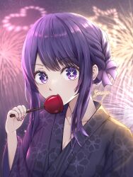 Rule 34 | 1girl, aerial fireworks, breasts, candy apple, cleavage, commentary, fireworks, floral print, floral print kimono, food, gaerp4, hair ribbon, highres, holding, holding food, hoshino ai (oshi no ko), japanese clothes, kimono, large breasts, nail polish, oshi no ko, pink nails, print kimono, purple eyes, purple hair, purple kimono, purple ribbon, ribbon, sidelocks, signature, solo, star-shaped pupils, star (symbol), symbol-shaped pupils, upper body