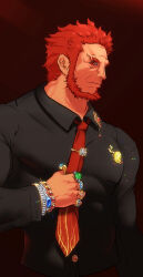 Rule 34 | 1boy, absurdres, alternate costume, artist request, bara, beard, black shirt, collared shirt, cropped torso, facial hair, fate/grand order, fate (series), formal, highres, iskandar (fate), jewelry, large pectorals, looking at viewer, male focus, mature male, medal, multiple rings, muscular, muscular male, necktie, necktie grab, neckwear grab, pectorals, red eyes, red hair, red necktie, ring, shirt, short hair, sideways glance, solo, thick eyebrows, tight clothes, tight shirt