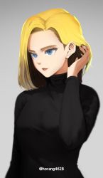 Rule 34 | 1girl, absurdres, adjusting hair, android 18, black shirt, blonde hair, blue eyes, breasts, commentary request, dragon ball, highres, horang4628, korean commentary, long sleeves, medium hair, parted lips, shirt, simple background, solo, twitter username, upper body