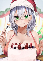 Rule 34 | 1girl, :q, absurdres, bad id, bad pixiv id, bare shoulders, bikini, blush, bobblehat, breast rest, breasts, cake, christmas, cleavage, closed mouth, collarbone, food, fork, fruit, fur-trimmed headwear, fur trim, green eyes, hair between eyes, hat, highres, holding, holding fork, hololive, huge filesize, large breasts, nanashinayuzu mochi, red bikini, red hat, santa hat, shirogane noel, short hair, silver hair, smile, smug, solo, strawberry, swimsuit, tongue, tongue out, upper body, virtual youtuber