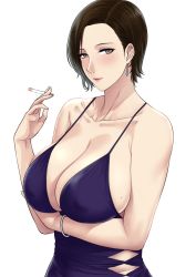 Rule 34 | 1girl, black hair, breasts, brown eyes, cigarette, cleavage, dress, earrings, highres, holding, holding cigarette, jewelry, lipstick, looking at viewer, makeup, mole, mole on breast, short hair, white background, xter