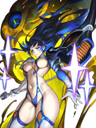 Rule 34 | 1girl, absurdres, black hair, blue eyes, blue hair, blush, boots, breasts, chinese commentary, closed mouth, colored inner hair, commentary request, cowboy shot, floating hair, gloves, highres, holding, holding sheath, jinlin, junketsu, katana, kill la kill, kiryuuin satsuki, large breasts, long hair, looking ahead, multicolored hair, navel, outstretched arms, revealing clothes, sheath, sheathed, solo, sparkle, spread arms, standing, stomach, sword, thigh boots, two-tone hair, v-shaped eyebrows, very long hair, weapon, white footwear, white gloves
