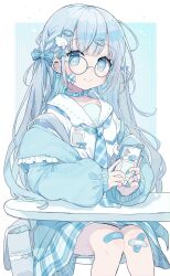 Rule 34 | 1girl, bandaid, bandaid on face, blue-framed eyewear, blue eyes, blue skirt, blue theme, cellphone, chon (chon33v), closed mouth, collar, ear piercing, earrings, glasses, hair ornament, hair ribbon, hairclip, highres, holding, jacket, jewelry, long hair, long sleeves, looking at viewer, nail polish, off shoulder, open mouth, original, phone, piercing, plaid, plaid skirt, ribbon, round eyewear, shirt, simple background, sitting, skirt, smartphone, smile, solo, symbol-shaped pupils, twintails