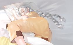 Rule 34 | 1girl, animal print, arm up, ass, bad id, bad pixiv id, bed sheet, braid, brown pants, brown shirt, cat print, closed eyes, commentary request, dokomon, highres, honkai (series), honkai impact 3rd, kiana kaslana, korean commentary, long hair, low twintails, lying, on side, pajamas, pants, pillow, print pants, shirt, short sleeves, silver hair, solo, twin braids, twintails, very long hair
