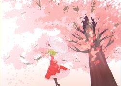 Rule 34 | 1girl, absurdres, black footwear, boots, cherry blossoms, commentary, from behind, green eyes, green hair, highres, holding, holding umbrella, kanta (pixiv9296614), kazami yuuka, knee boots, looking ahead, no mouth, parasol, puffy sleeves, red skirt, red vest, shirt, short hair, skirt, solo, touhou, tree, umbrella, vest, white shirt, wide shot