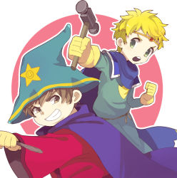 Rule 34 | 2boys, blonde hair, brown eyes, brown hair, butters stotch, cape, eric cartman, gloves, green eyes, grin, hammer, hat, butters stotch, multiple boys, robe, smile, south park, south park: the stick of truth, yoyterra