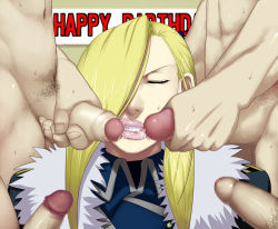 Rule 34 | 1girl, 4boys, blonde hair, blue eyes, camcorder, censored, clenched teeth, clothed female nude male, coat, cum, closed eyes, facial, fellatio, foreskin, fullmetal alchemist, fur trim, group sex, hair over one eye, lips, lipstick, long hair, makeup, male pubic hair, military, military uniform, mosaic censoring, multiple boys, nose, nude, olivier mira armstrong, oral, penis, pink lips, precum, pubic hair, sawao, solo focus, standing, sweat, sweatdrop, teeth, thick lips, uniform, upper body, video camera