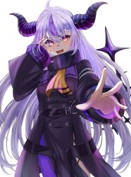 Rule 34 | 1girl, absurdres, ahoge, black coat, black horns, black nails, braid, braided bangs, breasts, chuunibyou, coat, covering one eye, demon girl, demon horns, double-parted bangs, frontrivers kae, glowing, glowing eye, grey hair, highres, hololive, horns, la+ darknesss, la+ darknesss (1st costume), looking at viewer, multicolored hair, neckerchief, open mouth, pantyhose, pointy ears, purple hair, purple pantyhose, single leg pantyhose, sleeves past wrists, slit pupils, small breasts, smile, solo, streaked hair, striped horns, trench coat, virtual youtuber, white background, yellow eyes, yellow neckerchief