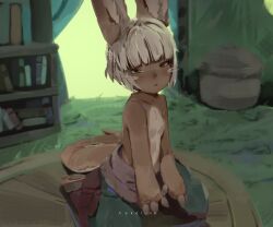 Rule 34 | 1girl, aekorune, animal ears, book, bookshelf, day, eyelashes, furry, furry female, furry male, grass, indoors, looking at viewer, made in abyss, nanachi (made in abyss), original, pants, rabbit, rabbit ears, short hair, signature, sitting, solo, tail, white hair, yellow eyes