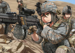 Rule 34 | 7.62x51mm nato, aiming, ammunition, ammunition belt, ammunition box, ammunition pouch, artist name, belt-fed, body armor, ammunition box, brown eyes, bullet, camouflage, casing ejection, dated, desert camouflage, emblem, firing, full-power cartridge, general-purpose machine gun, gloves, grey hair, gun, headset, helmet, highres, jpc, knee pads, light machine gun, lmg cartridge, load bearing vest, m13 link, m240, m249, machine gun, medium machine gun, military, military cartridge, original, bulletproof vest, pouch, rifle cartridge, scope, shell casing, signature, solo focus, squad automatic weapon, united states, united states army, vertical forward grip, watch, weapon, woodland camouflage